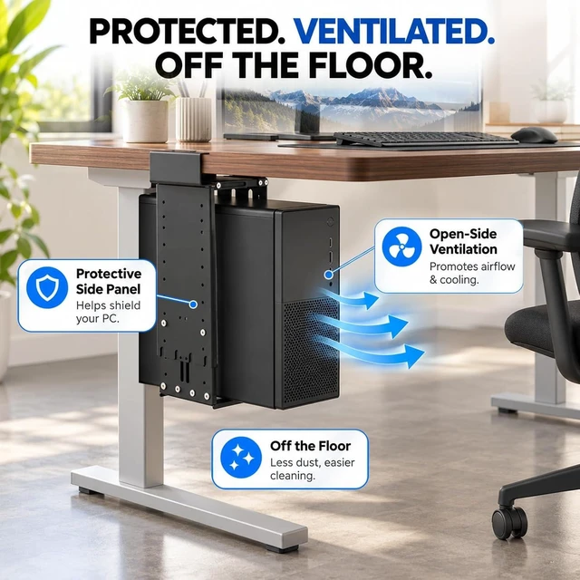 Alt view image 3 of 6 - Extra Wide Under Desk PC Mount - Fits Cases up to 13.5", Extra wide width fits cases up to 13.5", heavy duty steel, height adjustable, NO drill under desk PC mount.