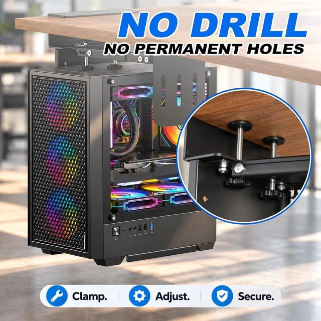 Alt view image 4 of 6 - Extra Wide Under Desk PC Mount - Fits Cases up to 13.5", Extra wide width fits cases up to 13.5", heavy duty steel, height adjustable, NO drill under desk PC mount.