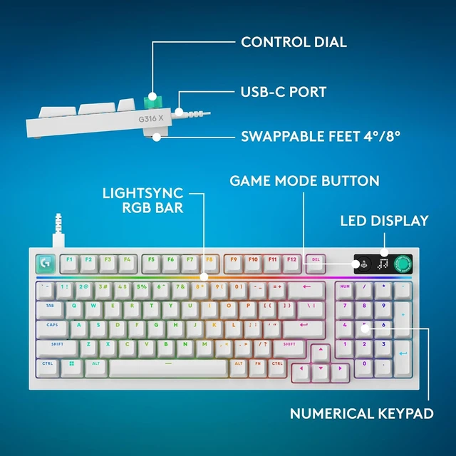 Alt view image 3 of 7 - Logitech G316 X 98 Mechanical Gaming Keyboard (Tactile) - White Hot-Swappable Tactile Mechanical Switches, Gasket Design, PBT Keycaps, <8Khz, LIGHTSYNC RGB, Dot-Matxix LED Display, USB-C