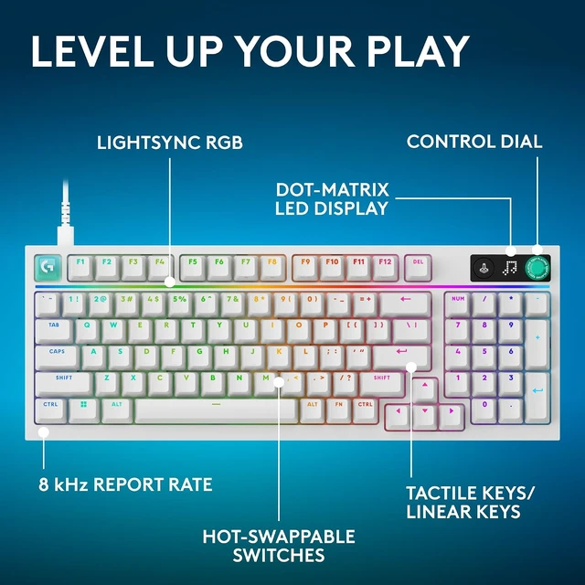 Alt view image 6 of 7 - Logitech G316 X 98 Mechanical Gaming Keyboard (Tactile) - White Hot-Swappable Tactile Mechanical Switches, Gasket Design, PBT Keycaps, <8Khz, LIGHTSYNC RGB, Dot-Matxix LED Display, USB-C