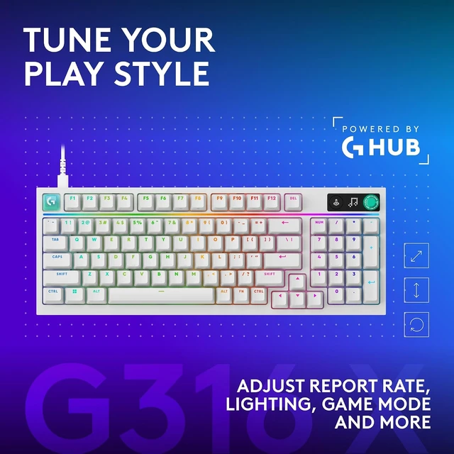 Alt view image 7 of 7 - Logitech G316 X 98 Mechanical Gaming Keyboard (Tactile) - White Hot-Swappable Tactile Mechanical Switches, Gasket Design, PBT Keycaps, <8Khz, LIGHTSYNC RGB, Dot-Matxix LED Display, USB-C