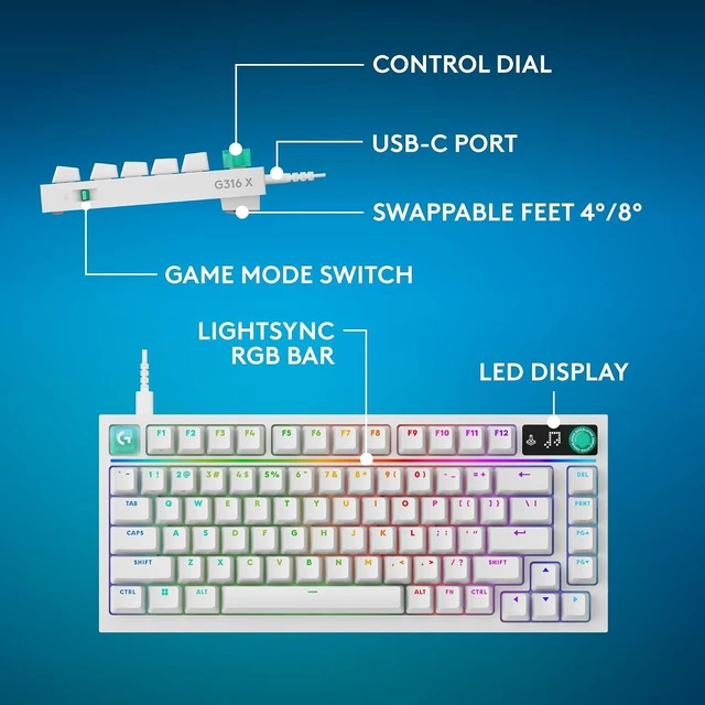 Alt view image 2 of 7 - Logitech G316 X 75 Gaming Keyboard, Tactile Switches - White, 8 kHz report rate, hot-swappable, gasket structure, LED dot matrix display & dial, double shot PBT keycaps, USB-C, for PC