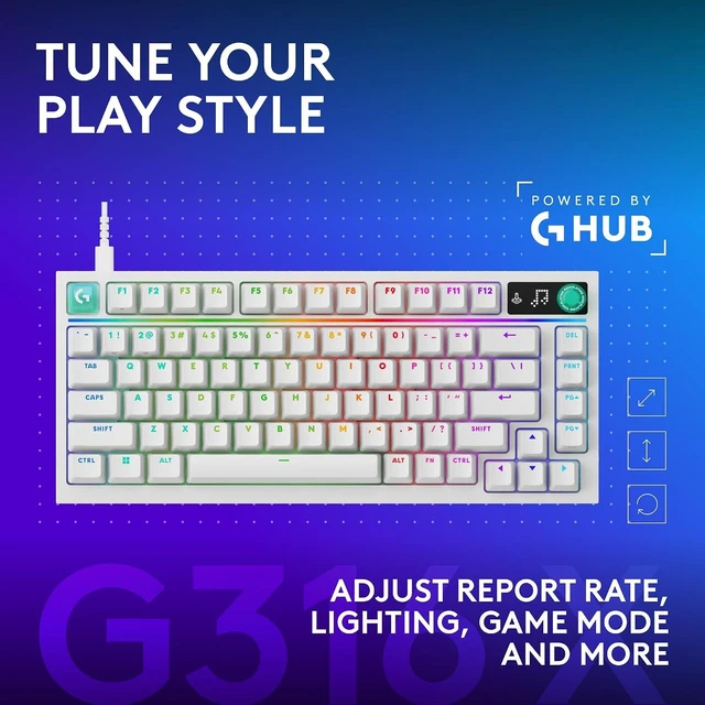 Alt view image 3 of 7 - Logitech G316 X 75 Gaming Keyboard, Linear Switches - White, 8 kHz report rate, hot-swappable, gasket structure, LED dot matrix display & dial, double shot PBT keycaps, USB-C, for PC
