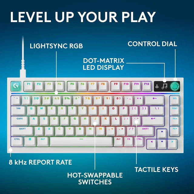Alt view image 4 of 7 - Logitech G316 X 75 Gaming Keyboard, Linear Switches - White, 8 kHz report rate, hot-swappable, gasket structure, LED dot matrix display & dial, double shot PBT keycaps, USB-C, for PC