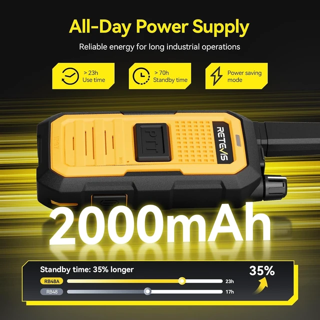 Alt view image 5 of 7 - Retevis RB48A IP67 Waterproof Walkie Talkies Long Range Adults for Manufacturing Construction, Heavy Duty 2 Way Radio, Noise Reduction,Large PTT,1000mW Speaker,23-Hour,Rechargeable,10 Pack