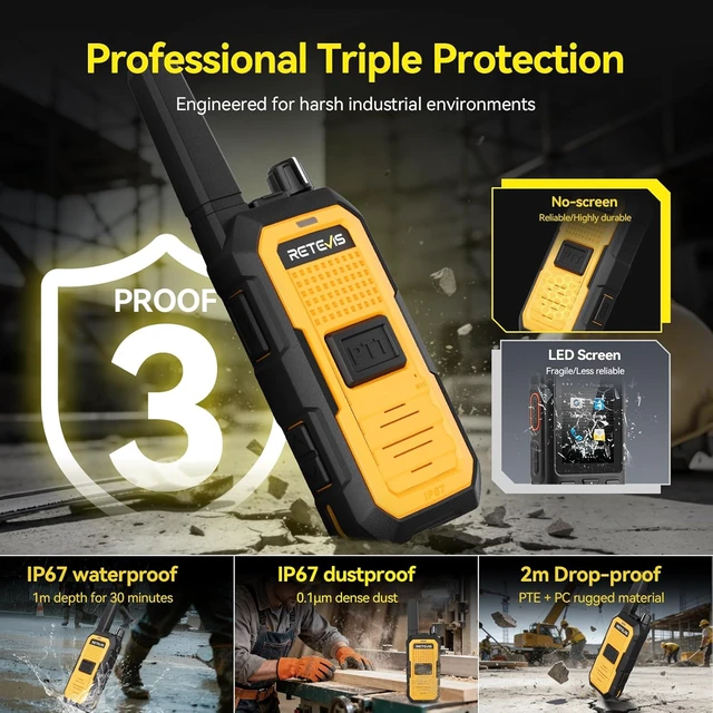 Alt view image 2 of 7 - Retevis RB48A IP67 Waterproof Walkie Talkies Long Range Adults for Manufacturing Construction, Heavy Duty 2 Way Radio, Noise Reduction,Large PTT,1000mW Speaker,23-Hour,Rechargeable,10 Pack
