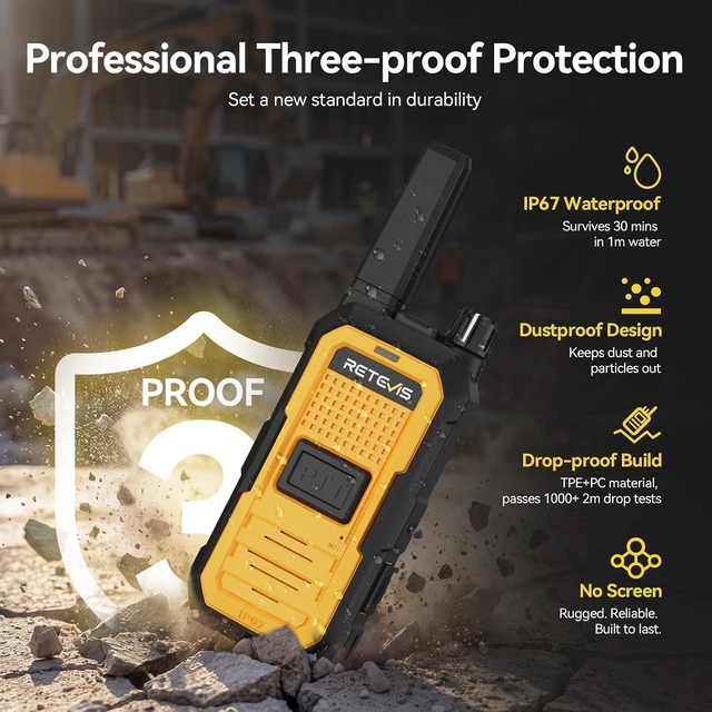 Main image of Retevis RB48A Industrial Noise Reduction Walkie Talkies with Speaker Mic, IP67 Waterproof 2 Way Radios Long Range, Oversized Front PTT, Antenna ID Rings, 1000 mW Speaker, 23-Hour Battery, 4 Pack