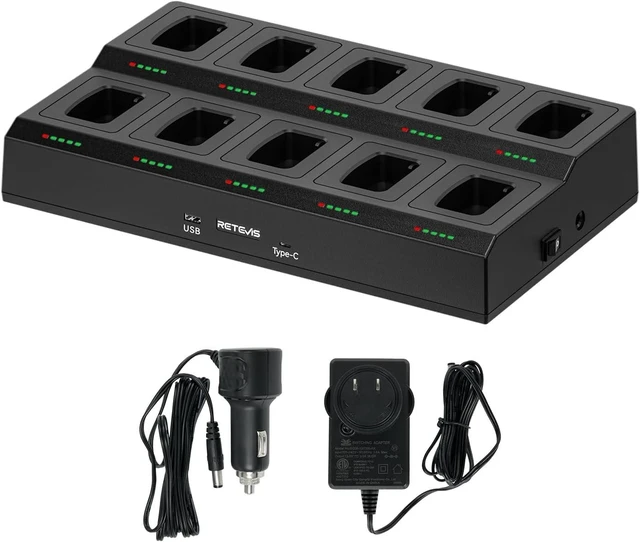 Main image of Retevis H-777 10-Way Walkie Talkie Charger, 1 Pack, Ten Way Multi Unit Charger, for Retevis H-777/H-777H/H777D Walkie Talkie, 5 LED Indicators, AC/DC Adapter, Replaceable Base