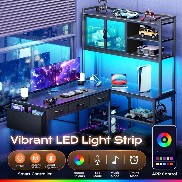 Alt view image 4 of 7 - 57.5 Inch L Shaped Gaming Desk with Power Outlets and LED Lights, USB-C Port, 6-Tier Computer Office Desk with 3 Fabric Drawers, L Corner Desk, Storage Shelves and Side Storage Bag, Black
