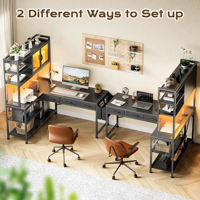 Alt view image 2 of 7 - 57.5 Inch L Shaped Gaming Desk with Power Outlets and LED Lights, USB-C Port, 6-Tier Computer Office Desk with 3 Fabric Drawers, L Corner Desk, Storage Shelves and Side Storage Bag, Black