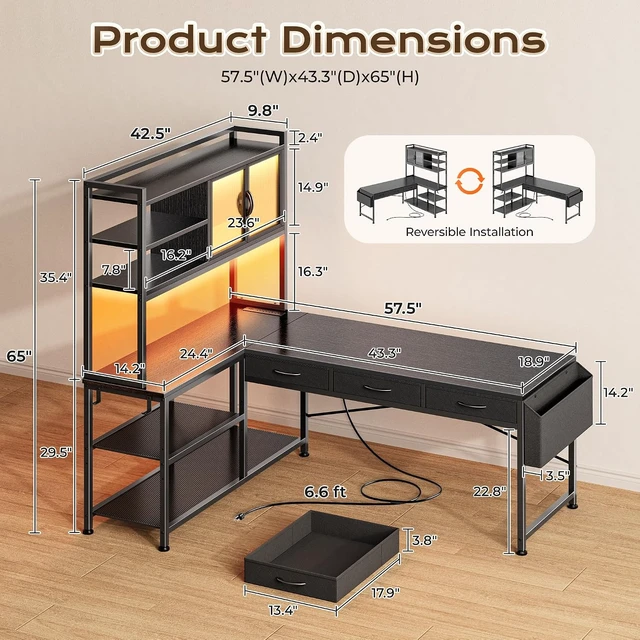 Alt view image 6 of 7 - 57.5 Inch L Shaped Gaming Desk with Power Outlets and LED Lights, USB-C Port, 6-Tier Computer Office Desk with 3 Fabric Drawers, L Corner Desk, Storage Shelves and Side Storage Bag, Black
