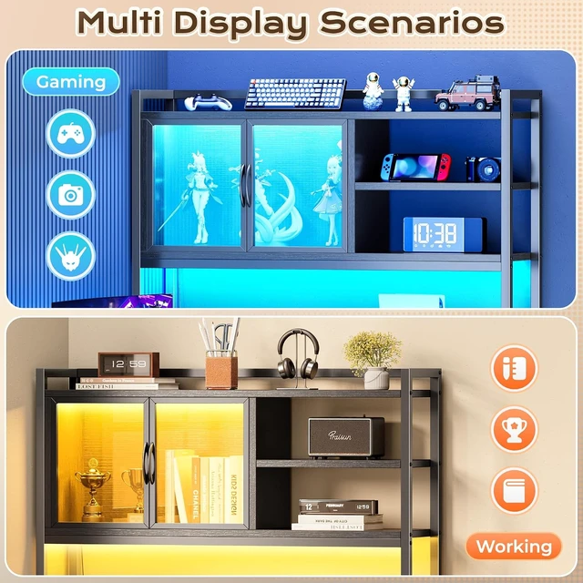 Alt view image 7 of 7 - 57.5 Inch L Shaped Gaming Desk with Power Outlets and LED Lights, USB-C Port, 6-Tier Computer Office Desk with 3 Fabric Drawers, L Corner Desk, Storage Shelves and Side Storage Bag, Black