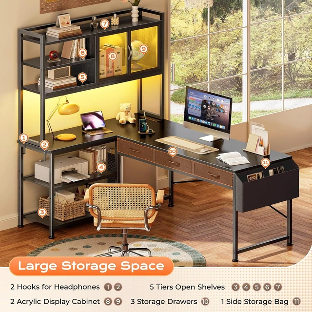 Alt view image 5 of 7 - 57.5 Inch L Shaped Gaming Desk with Power Outlets and LED Lights, USB-C Port, 6-Tier Computer Office Desk with 3 Fabric Drawers, L Corner Desk, Storage Shelves and Side Storage Bag, Black