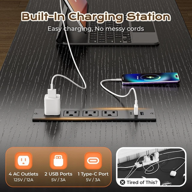 Alt view image 3 of 7 - 57.5 Inch L Shaped Gaming Desk with Power Outlets and LED Lights, USB-C Port, 6-Tier Computer Office Desk with 3 Fabric Drawers, L Corner Desk, Storage Shelves and Side Storage Bag, Black