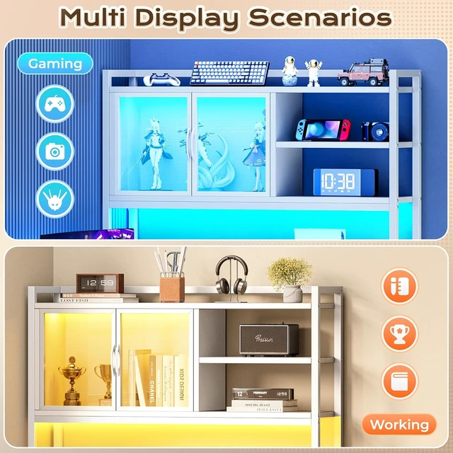 Alt view image 3 of 7 - 57.5 Inch L Shaped Gaming Desk with Power Outlets and LED Lights, USB-C Port, 6-Tier Computer Office Desk with 3 Fabric Drawers, L Corner Desk, Storage Shelves and Side Storage Bag, White