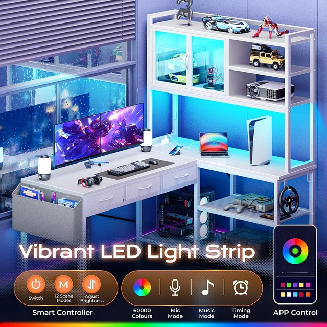 Alt view image 5 of 7 - 57.5 Inch L Shaped Gaming Desk with Power Outlets and LED Lights, USB-C Port, 6-Tier Computer Office Desk with 3 Fabric Drawers, L Corner Desk, Storage Shelves and Side Storage Bag, White