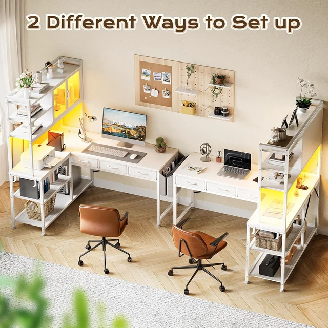 Alt view image 7 of 7 - 57.5 Inch L Shaped Gaming Desk with Power Outlets and LED Lights, USB-C Port, 6-Tier Computer Office Desk with 3 Fabric Drawers, L Corner Desk, Storage Shelves and Side Storage Bag, White