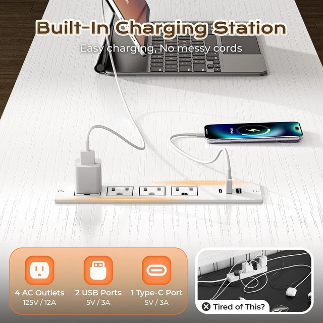 Alt view image 6 of 7 - 57.5 Inch L Shaped Gaming Desk with Power Outlets and LED Lights, USB-C Port, 6-Tier Computer Office Desk with 3 Fabric Drawers, L Corner Desk, Storage Shelves and Side Storage Bag, White
