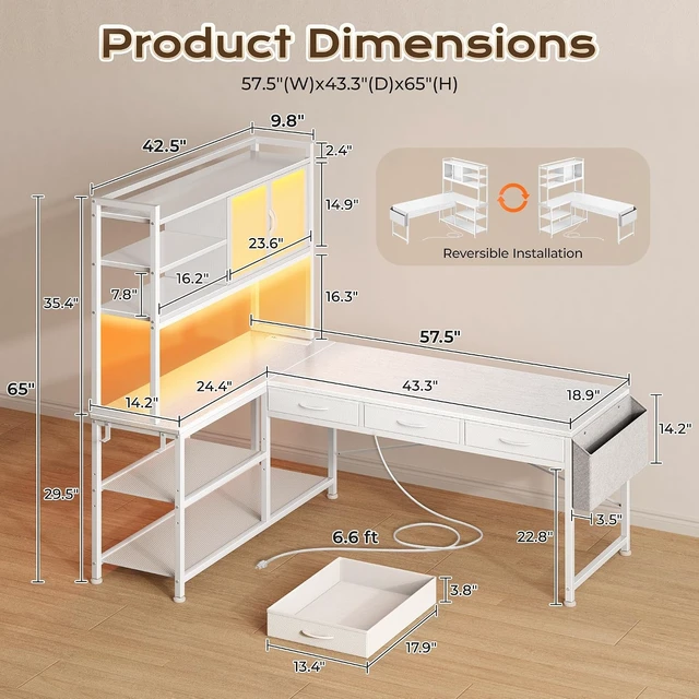 Alt view image 2 of 7 - 57.5 Inch L Shaped Gaming Desk with Power Outlets and LED Lights, USB-C Port, 6-Tier Computer Office Desk with 3 Fabric Drawers, L Corner Desk, Storage Shelves and Side Storage Bag, White
