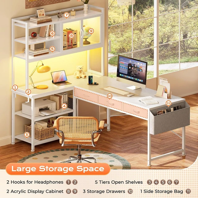 Alt view image 4 of 7 - 57.5 Inch L Shaped Gaming Desk with Power Outlets and LED Lights, USB-C Port, 6-Tier Computer Office Desk with 3 Fabric Drawers, L Corner Desk, Storage Shelves and Side Storage Bag, White