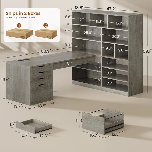Alt view image 5 of 7 - 68.9" L Shaped Computer Desk with Bookshelf & 4 Drawers, Executive Desk with File Cabinet & Storage Shelves, Corner Desk with Power Outlet, Home Office, Grey