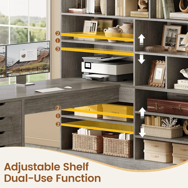 Alt view image 2 of 7 - 68.9" L Shaped Computer Desk with Bookshelf & 4 Drawers, Executive Desk with File Cabinet & Storage Shelves, Corner Desk with Power Outlet, Home Office, Grey