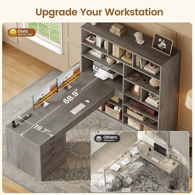 Alt view image 6 of 7 - 68.9" L Shaped Computer Desk with Bookshelf & 4 Drawers, Executive Desk with File Cabinet & Storage Shelves, Corner Desk with Power Outlet, Home Office, Grey