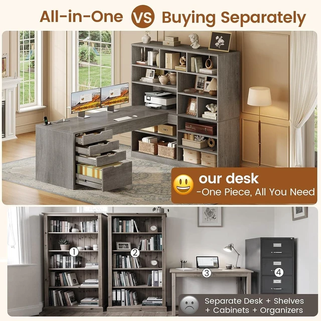 Alt view image 4 of 7 - 68.9" L Shaped Computer Desk with Bookshelf & 4 Drawers, Executive Desk with File Cabinet & Storage Shelves, Corner Desk with Power Outlet, Home Office, Grey