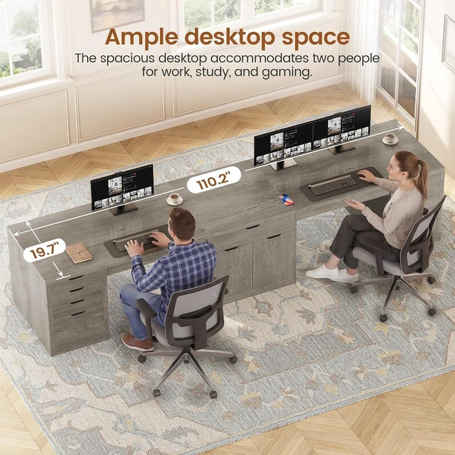 Alt view image 5 of 7 - 110.2" Long 2 Person Desk with 9 Drawers for Home Office Gaming, Long Computer Desk with Storage Cabinet,Gaming Double Desk,Two Person Office Desk with Drawers & Power Outlet,Brown and Black Grey