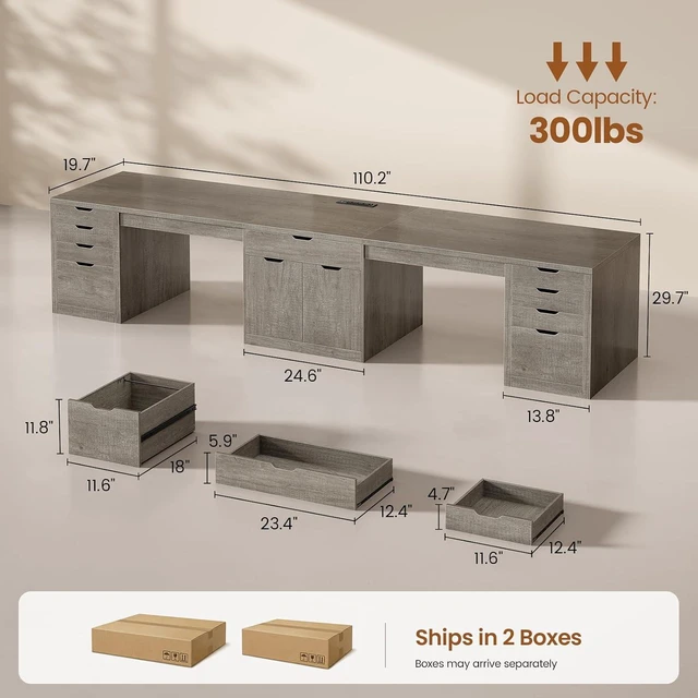 Alt view image 7 of 7 - 110.2" Long 2 Person Desk with 9 Drawers for Home Office Gaming, Long Computer Desk with Storage Cabinet,Gaming Double Desk,Two Person Office Desk with Drawers & Power Outlet,Brown and Black Grey