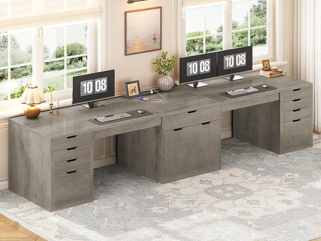 Main image of 110.2" Long 2 Person Desk with 9 Drawers for Home Office Gaming, Long Computer Desk with Storage Cabinet,Gaming Double Desk,Two Person Office Desk with Drawers & Power Outlet,Brown and Black Grey