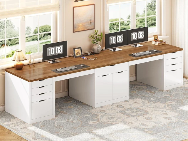 Main image of 110.2" Long 2 Person Desk with 9 Drawers for Home Office Gaming, Long Computer Desk with Storage Cabinet,Gaming Double Desk,Two Person Office Desk with Drawers & Power Outlet, White and Brown
