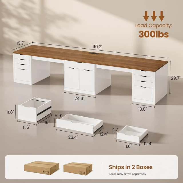 Alt view image 3 of 7 - 110.2" Long 2 Person Desk with 9 Drawers for Home Office Gaming, Long Computer Desk with Storage Cabinet,Gaming Double Desk,Two Person Office Desk with Drawers & Power Outlet, White and Brown