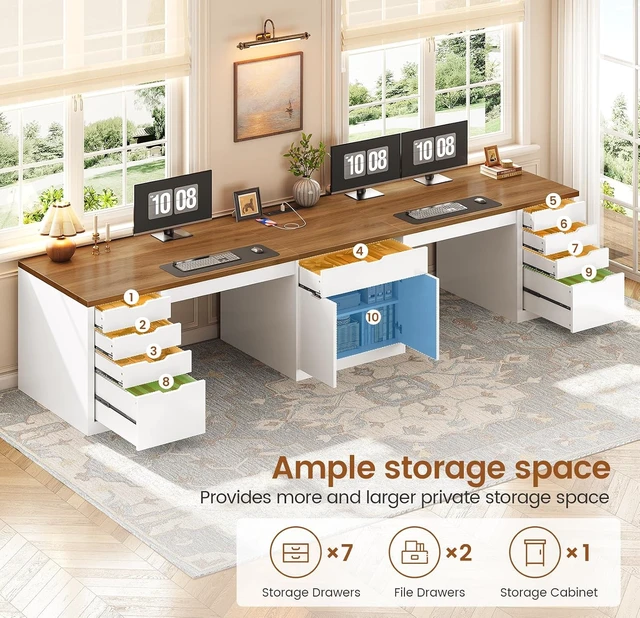 Alt view image 5 of 7 - 110.2" Long 2 Person Desk with 9 Drawers for Home Office Gaming, Long Computer Desk with Storage Cabinet,Gaming Double Desk,Two Person Office Desk with Drawers & Power Outlet, White and Brown