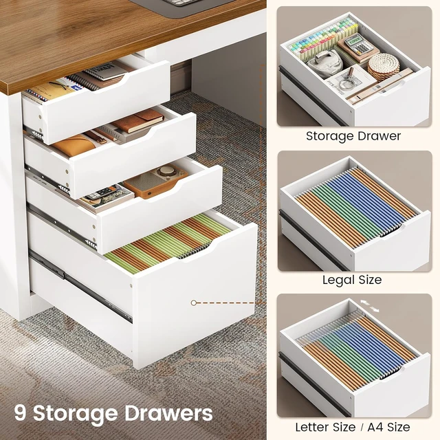 Alt view image 6 of 7 - 110.2" Long 2 Person Desk with 9 Drawers for Home Office Gaming, Long Computer Desk with Storage Cabinet,Gaming Double Desk,Two Person Office Desk with Drawers & Power Outlet, White and Brown