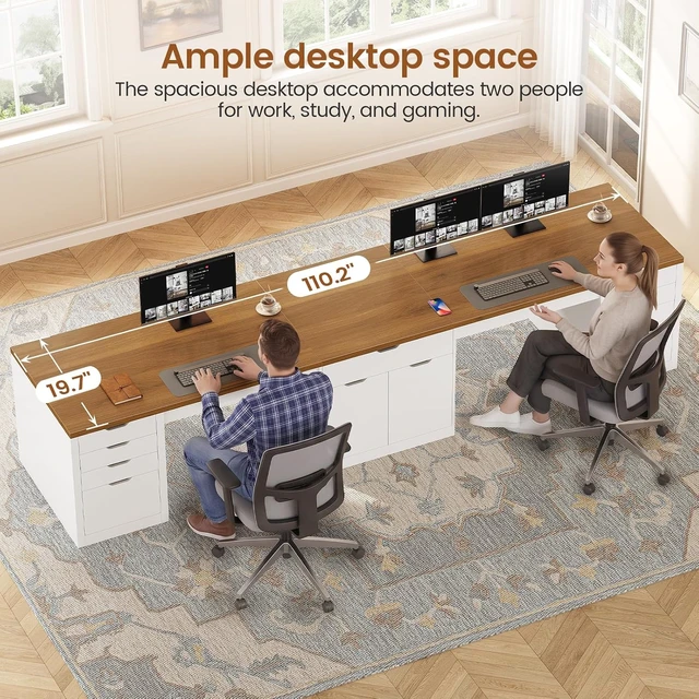 Alt view image 7 of 7 - 110.2" Long 2 Person Desk with 9 Drawers for Home Office Gaming, Long Computer Desk with Storage Cabinet,Gaming Double Desk,Two Person Office Desk with Drawers & Power Outlet, White and Brown