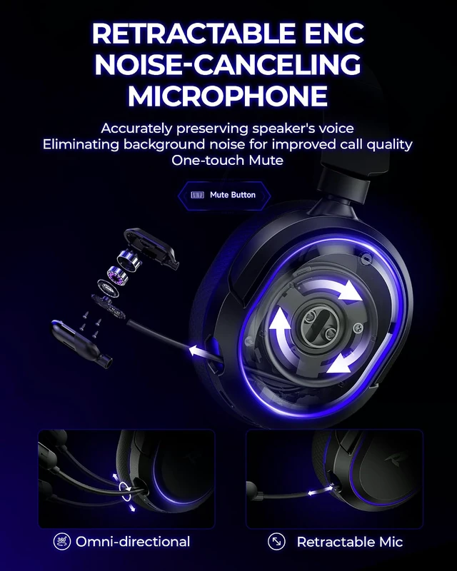 Alt view image 2 of 7 - Wireless Gaming Headset, 7.1 Surround Sound, 2.4GHz USB Gaming Headphones with Bluetooth 5.4, 100H Battery, ENC Noise Canceling Mic, RGB Light, Wireless Headset for PC PS5 PS4 Mac Switch (Black)