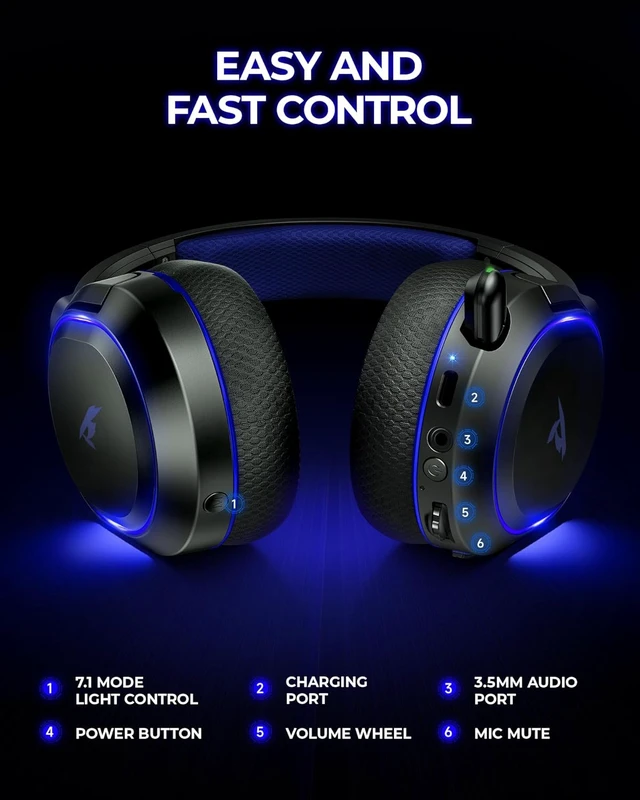 Alt view image 5 of 7 - Wireless Gaming Headset, 7.1 Surround Sound, 2.4GHz USB Gaming Headphones with Bluetooth 5.4, 100H Battery, ENC Noise Canceling Mic, RGB Light, Wireless Headset for PC PS5 PS4 Mac Switch (Black)