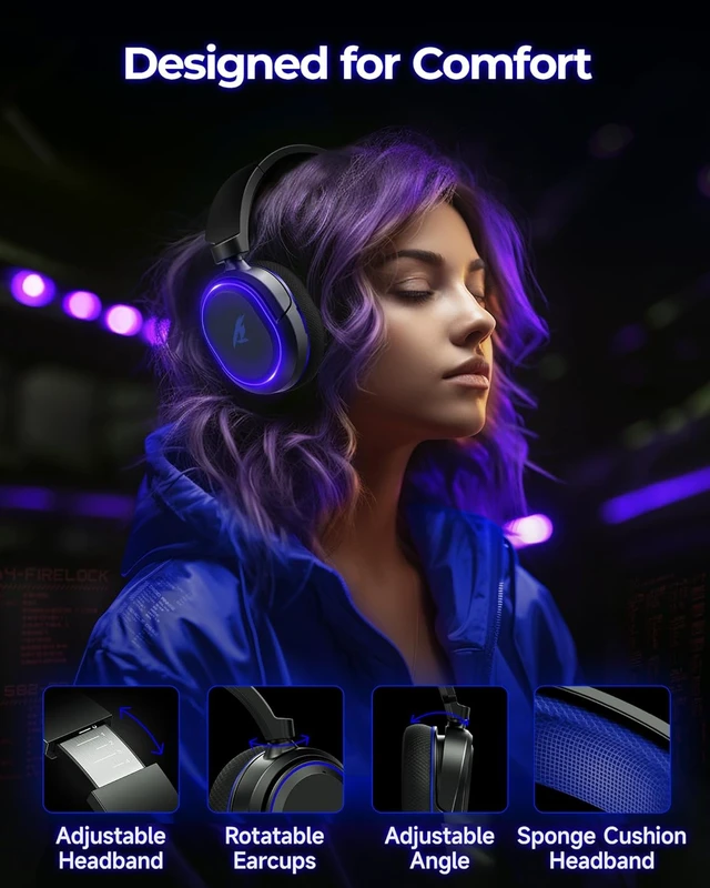 Alt view image 6 of 7 - Wireless Gaming Headset, 7.1 Surround Sound, 2.4GHz USB Gaming Headphones with Bluetooth 5.4, 100H Battery, ENC Noise Canceling Mic, RGB Light, Wireless Headset for PC PS5 PS4 Mac Switch (Black)