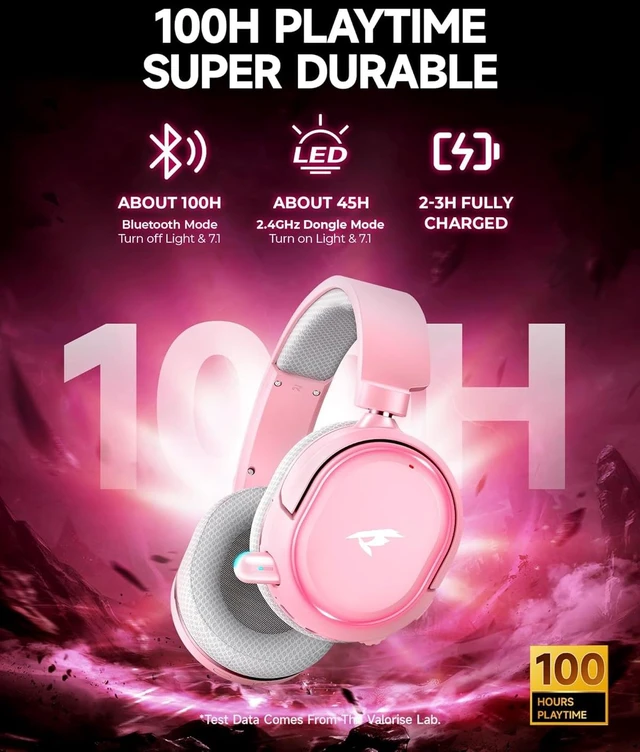 Alt view image 4 of 7 - Wireless Gaming Headset, 7.1 Surround Sound, 2.4GHz USB Gaming Headphones with Bluetooth 5.4, 100H Battery, ENC Noise Canceling Mic, RGB Light, Wireless Headset for PC PS5 PS4 Mac Switch (Pink)