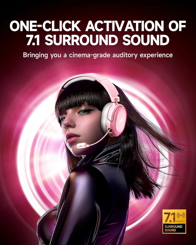 Alt view image 6 of 7 - Wireless Gaming Headset, 7.1 Surround Sound, 2.4GHz USB Gaming Headphones with Bluetooth 5.4, 100H Battery, ENC Noise Canceling Mic, RGB Light, Wireless Headset for PC PS5 PS4 Mac Switch (Pink)
