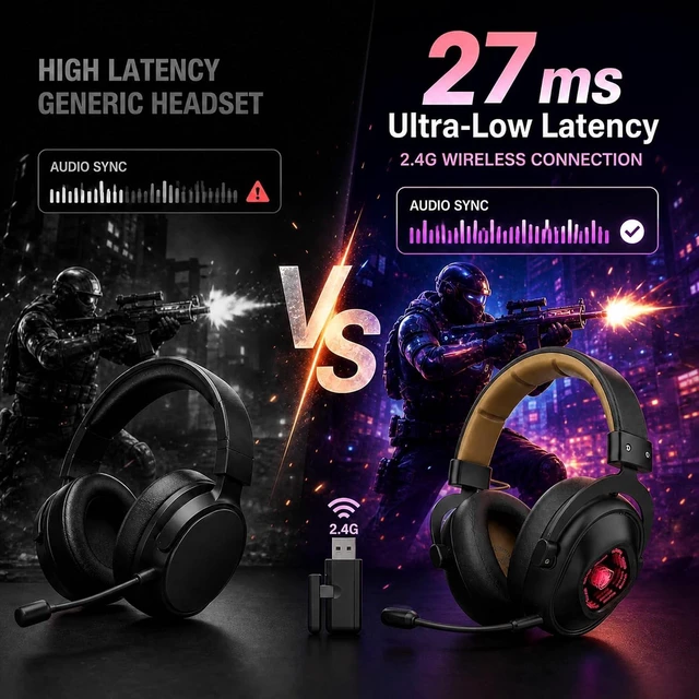 Alt view image 5 of 7 - Wireless Gaming Headset 7.1 Surround 90H Black for PS5 PC Switch, 27ms Low Latency, Dual 2.4GHz Dongles, 290g Lightweight, Detachable AI ENC Mic, RGB Infinity Mirror, for Xbox/PS4/Phone