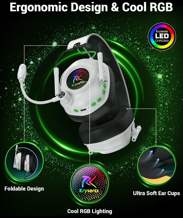 Alt view image 7 of 7 - Wireless Gaming Headset with Mic for Xbox Series X/S, Xbox One PS5, PS4, PC, 20ms Low latency,2.4GHz Wireless & Bluetooth 5.4, 50mm Drivers, Noise Canceling, 80H Battery, LED Lighting, Foldable White