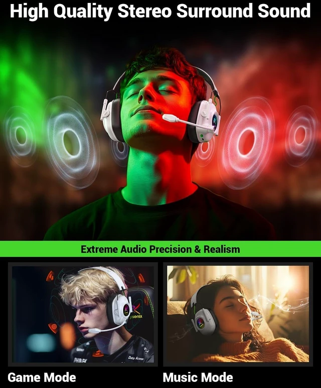 Alt view image 3 of 7 - Wireless Gaming Headset with Mic for Xbox Series X/S, Xbox One PS5, PS4, PC, 20ms Low latency,2.4GHz Wireless & Bluetooth 5.4, 50mm Drivers, Noise Canceling, 80H Battery, LED Lighting, Foldable White