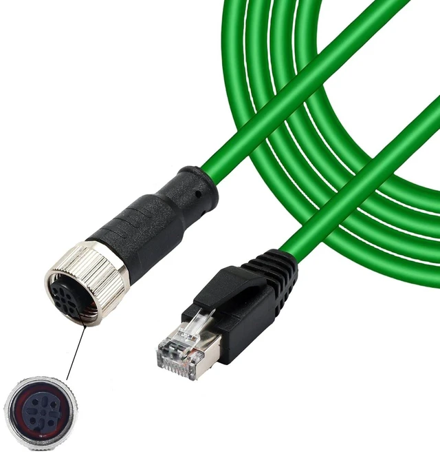 Main image of M12 4-Pin D-Code Female to RJ45 Cat5e Ethernet Cable, PVC High-Flex Shielded AWG24 Industrial Cable Assembly, 4A 250V, for Industrial Cameras & Automation Systems 2M