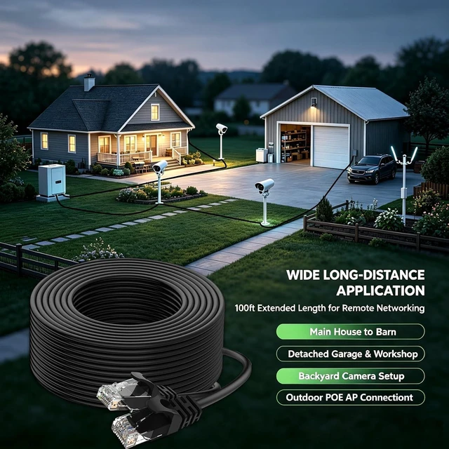 Alt view image 5 of 7 - Cat 6 Ethernet Cable 100 ft, 23AWG Solid CCA Copper-Clad Aluminum, PE Waterproof Outdoor, Rigid Durable Jacket for Direct Burial and Conduit Runs, Supports 10Gbps Black
