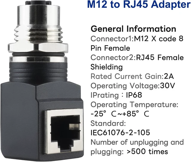 Alt view image 2 of 7 - RJ45 to M12 X Coded 8 Pin Adapter Cat6/Cat5, M12 Female to RJ45 Female Connector X-Code IP68 Shielded Industrial Ethernet Adapter for Basler Cognex Industrial Camera Sensor