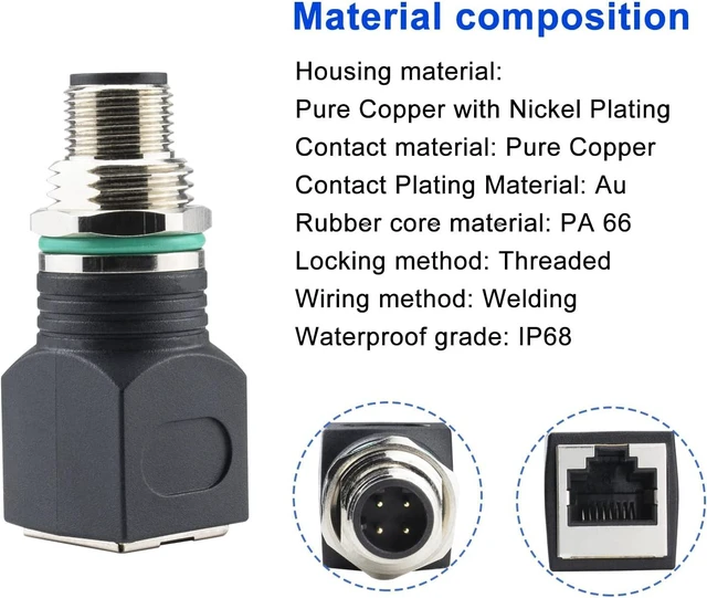 Alt view image 5 of 7 - RJ45 to M12 4-Pin Industrial Ethernet Adapter, IP68 Waterproof, Shielded, 10Gb/s Transmission Rate, Compatible with Cat6/Cat5 Networks