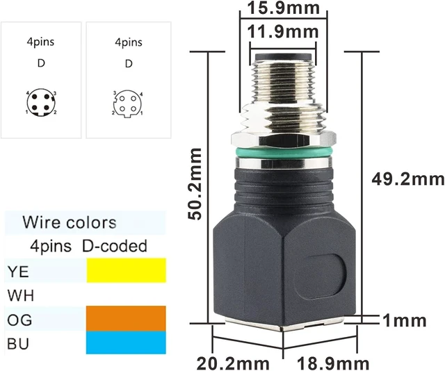 Alt view image 4 of 7 - RJ45 to M12 4-Pin Industrial Ethernet Adapter, IP68 Waterproof, Shielded, 10Gb/s Transmission Rate, Compatible with Cat6/Cat5 Networks