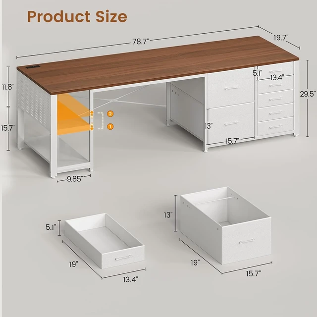 Alt view image 2 of 7 - Computer Desk with 7 Drawers,78.7" Long Office Desk with Pegboard and Adjustable Storage,Gaming Desk with Power Outlet and USB-C Port,Large Desk for Home Office,Study,Living Room, Brown+White